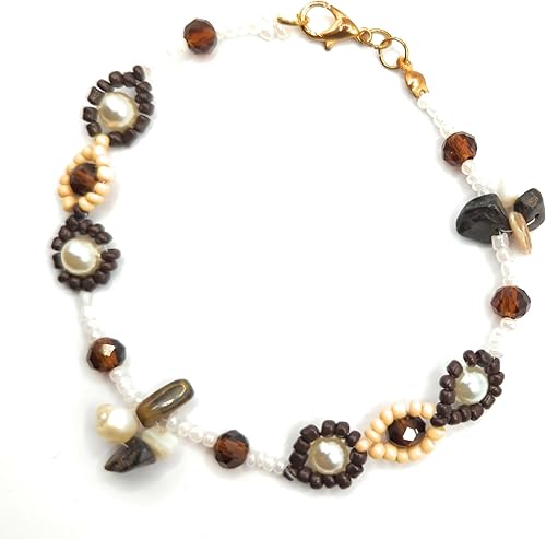 Elegange brazalete para dama hecho a mano de perlas fantasia, cuentas de vidriol y cristales de 8" de largo, en blanco café y beige, ideal para