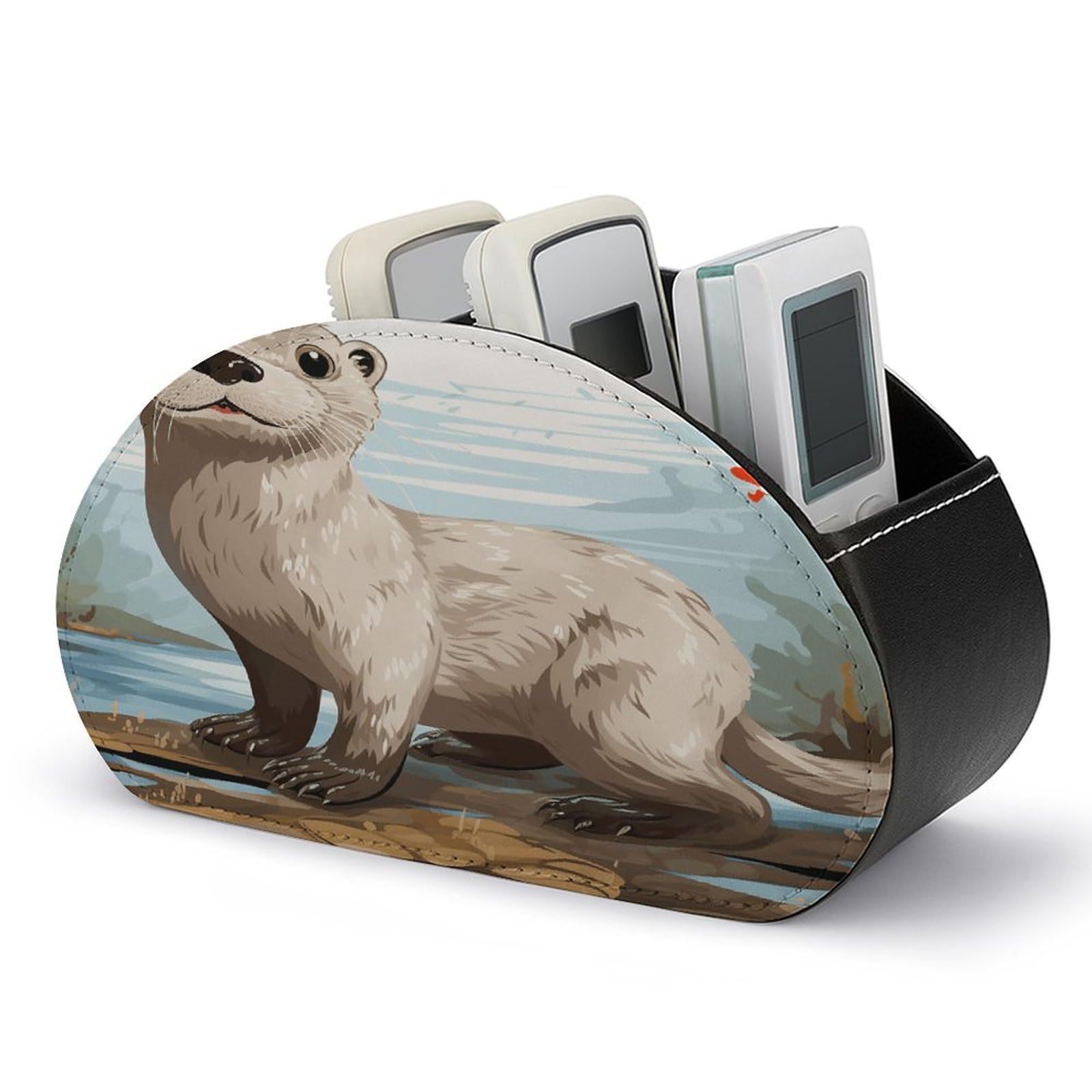 VstaDank Otter Remote Control Holder with 5 Compartments PU Leather TV Remoter Caddy Desktop Organizer TV Remote Holder Remote Box for Media Controllers Office Supplies