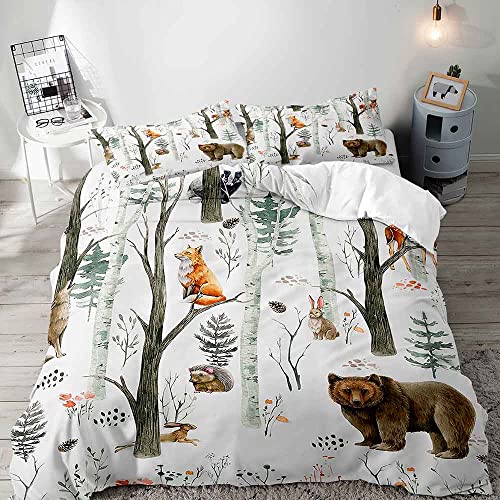 Vivihome 3Pcs Woodland Animals Duvet Cover Queen, White Duvet Cover, Boys Girls Kids Bedding, Cartoon Forest Animal Wildlife Bear Deer Fox Rabbit Rustic Cabin Lodge Quilt Comforter Cover 2 Pillowcases #TOP19