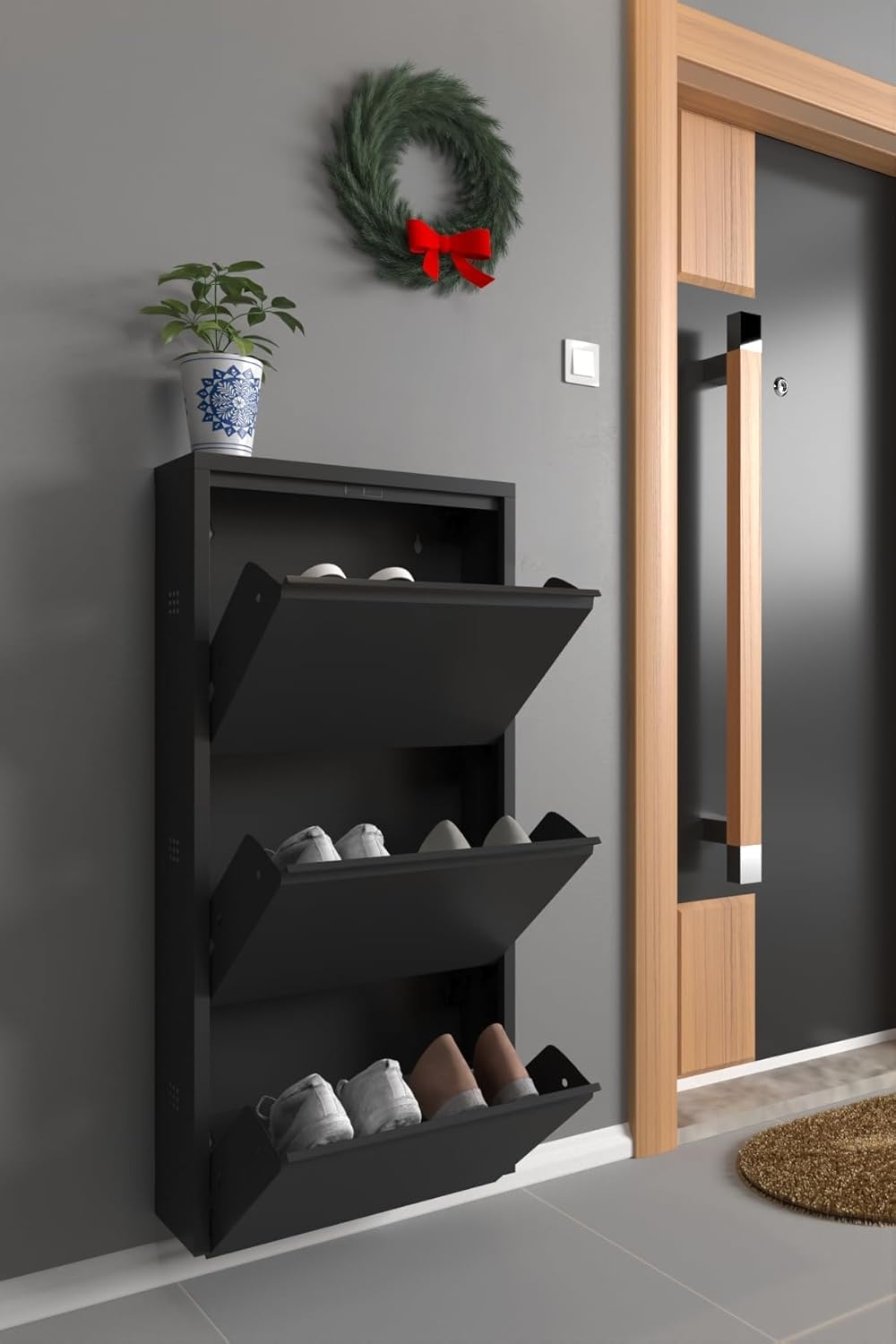 Bissolo Casa Scarpiera Salvaspazio a 3 Ante Ribaltabili – Mobile Portascarpe in Metallo Nero, Design Moderno e Compatto (50x15x104 cm)