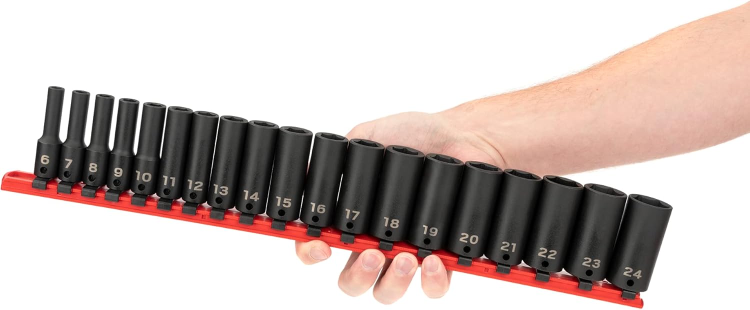 TEKTON 3/8 Inch Drive Deep 6-Point Impact Socket Set with Rail, 19-Piece (6-24 mm) | SID91107