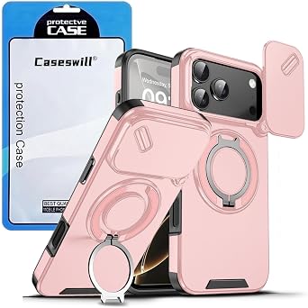 for iPhone 18 17e Air 17 16e 16 15 14 Plus 13 12 11 Pro Max Case with 2X Screen Protector, Shockproof Magnetic Ring Holder Stand and Slide Camera Cover Pink,iPhone 17 Pro Max