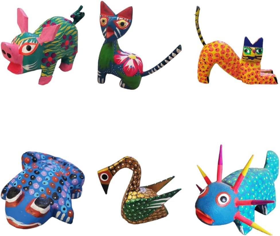 Alebrijes Mexican Folk Wood Carving Sculptures oaxacan alebrije Assorted Set Mexican widdling carvings Animal Figurines from Oaxaca Art Decor (Set of 3)