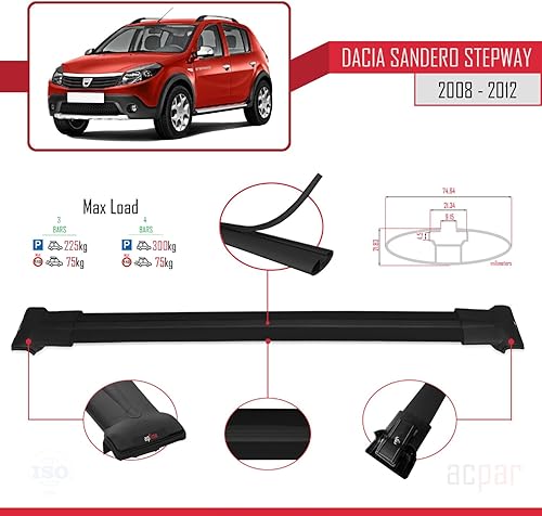 Miniatura 3 de Compatible con Dacia Sandero STEPWAY 2008-2012 Barra transversal modelo Fly Roof Rack Barra transversal 3 barras negro