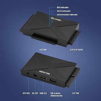 USB 3.0 auf IDE- und SATA-Adapter externer Festplattenadapter für universelle 25 oder 35 Zoll SATA oder IDE HDD SSD Festplatte IDE- und SATA-Konverter mit 12 V Netzadapter