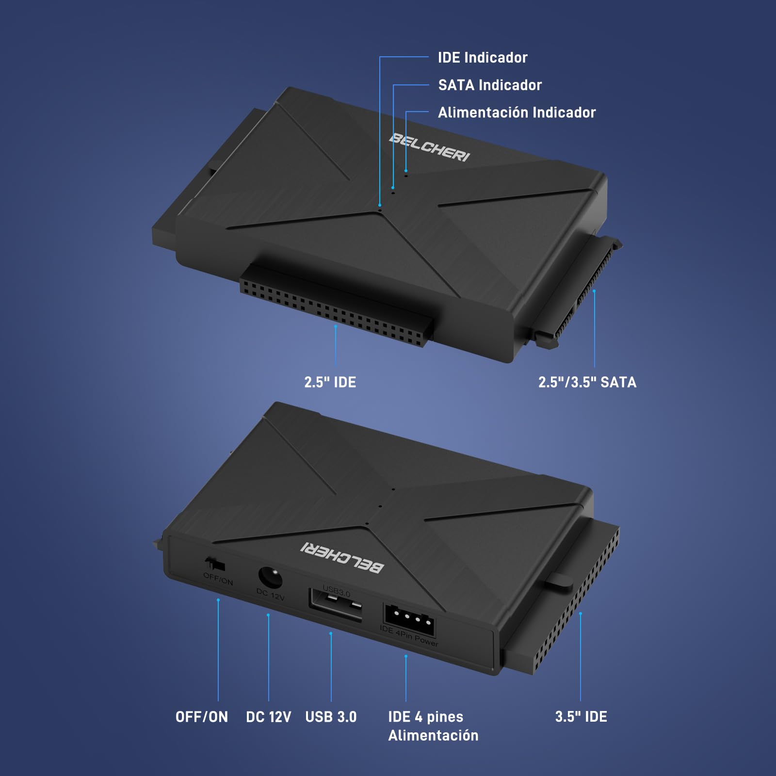 Adaptateur USB 3.0 vers IDE et SATA, Adaptateur Disque Dur Externe Universel 2.5" ou 3.5" SATA ou IDE HDD SSD, Convertisseur avec Alimentation 12V