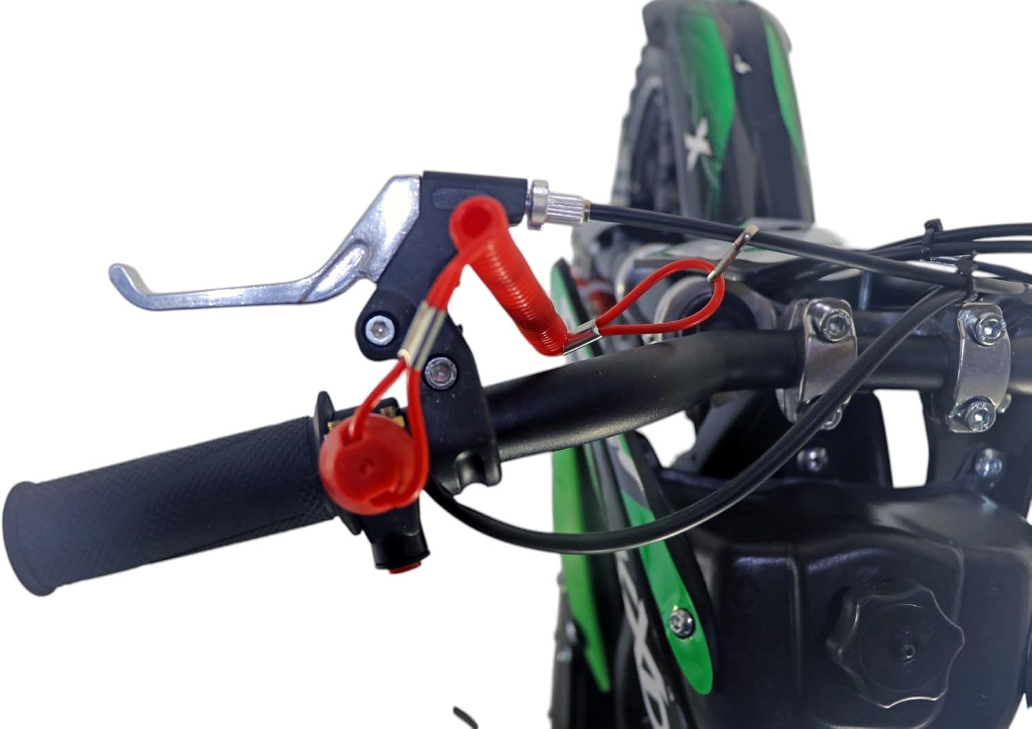 Close-up of the KXD 701 handlebar with a red safety leash attached to the kill switch