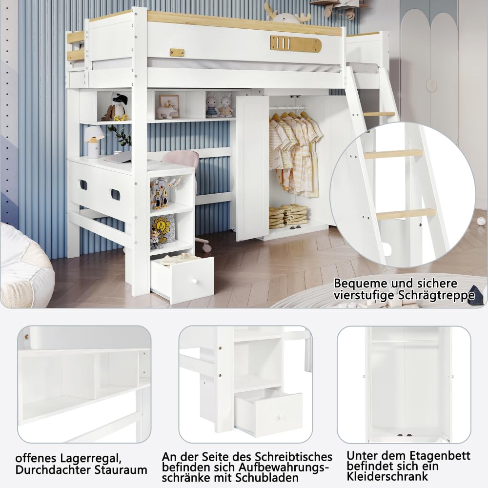Litera para niños con rejilla anticaídas, estante de armario y escalera para habitación infantil