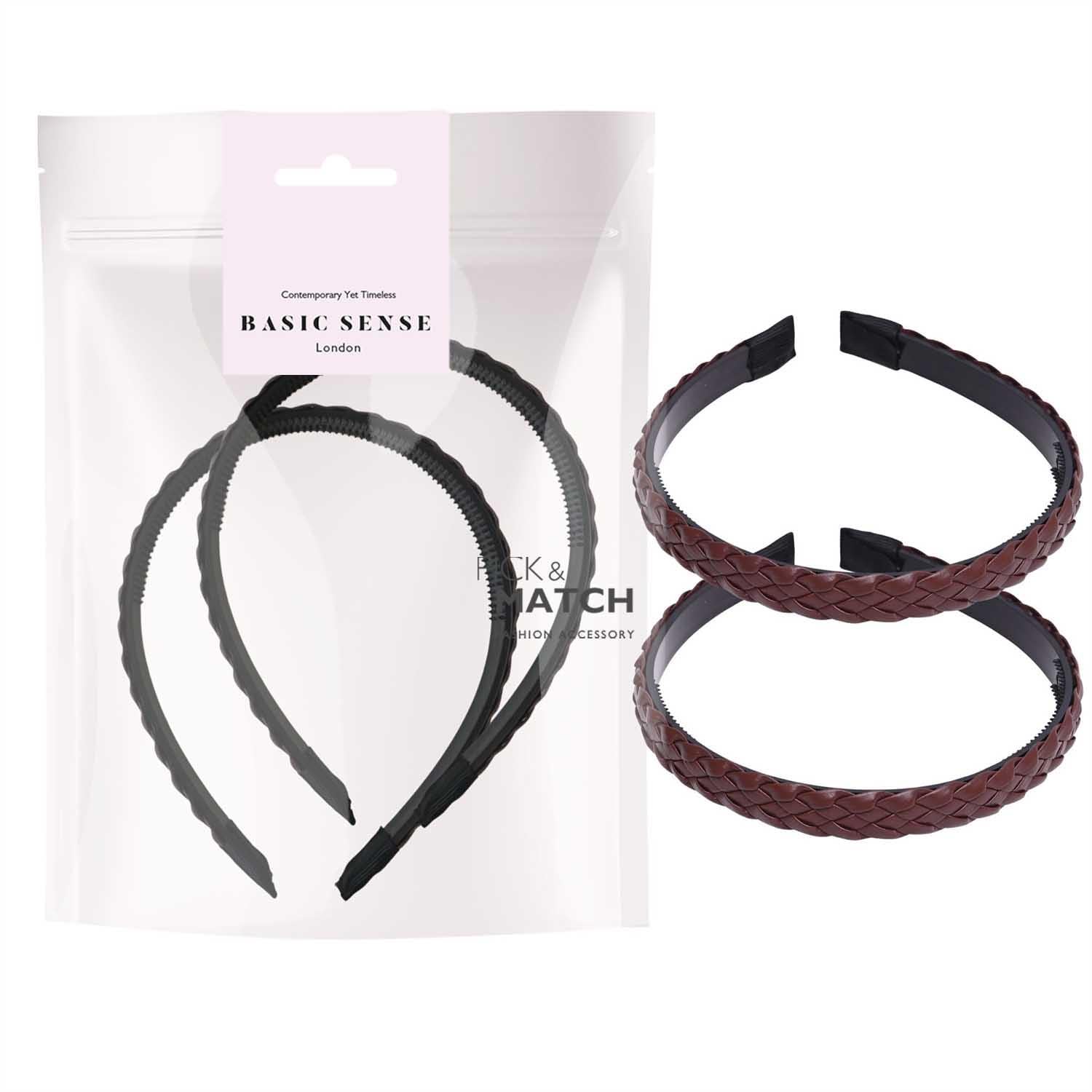 Basic Sense Leather Braided Headbands for Women & Teens PU Plaited Aliceband, Hairband - 2pcs, Dark Brown - Image 2
