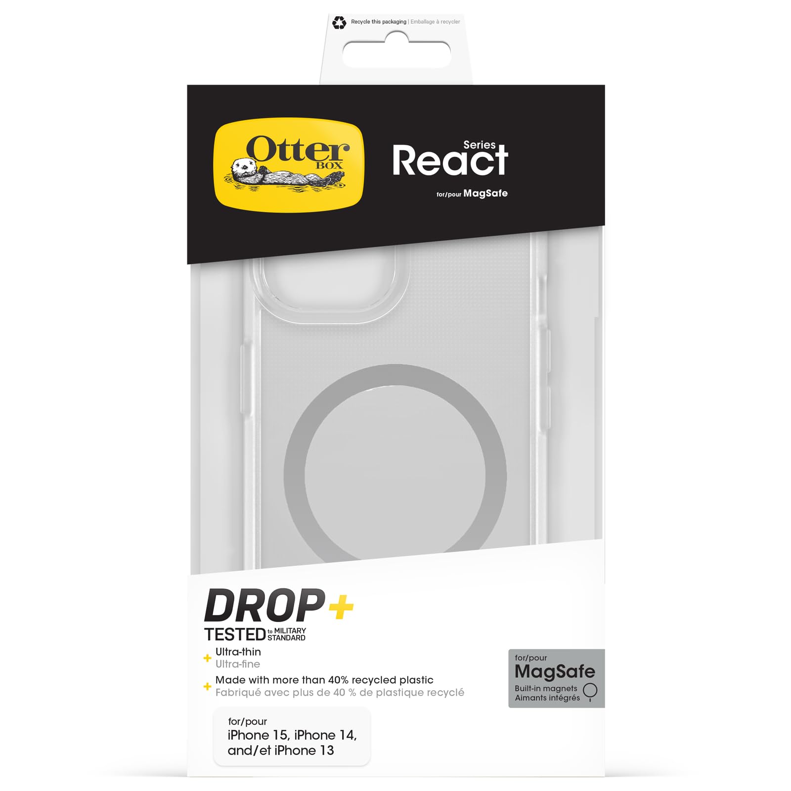 OtterBox React Series MagSafe Hülle für iPhone 17e, 16e, 15, 14, 13, stoßfest, sturzsicher, ultraschlank, schützende Hülle, Getestet nach Militärstandard, Transparent