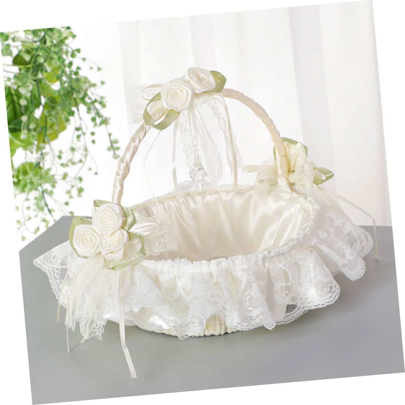 Uonlytech Wedding Flower Basket for Flower Girl Small Lace Fabric Basket with Handle for Bridesmaids Wedding Celebration Ceremony Supplies