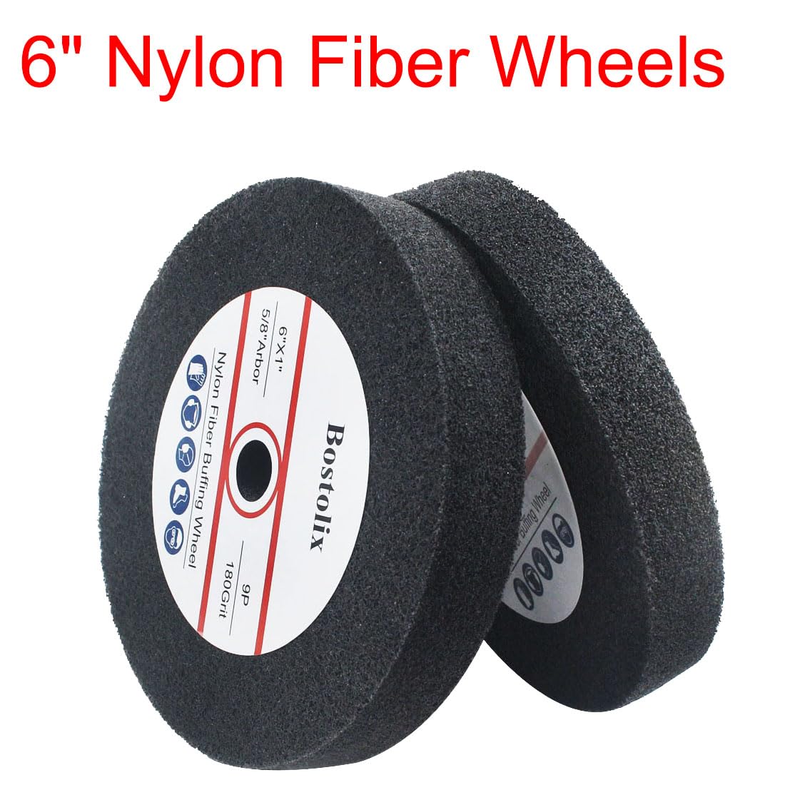 Bostolix 2 Pcs 6 Inch 9P Hardness Nylon Fiber Buffing Wheels, 5/8'' Arbor Hole Fiber Buffing Sanding Wheels for Bench Grinder, Table Grinder