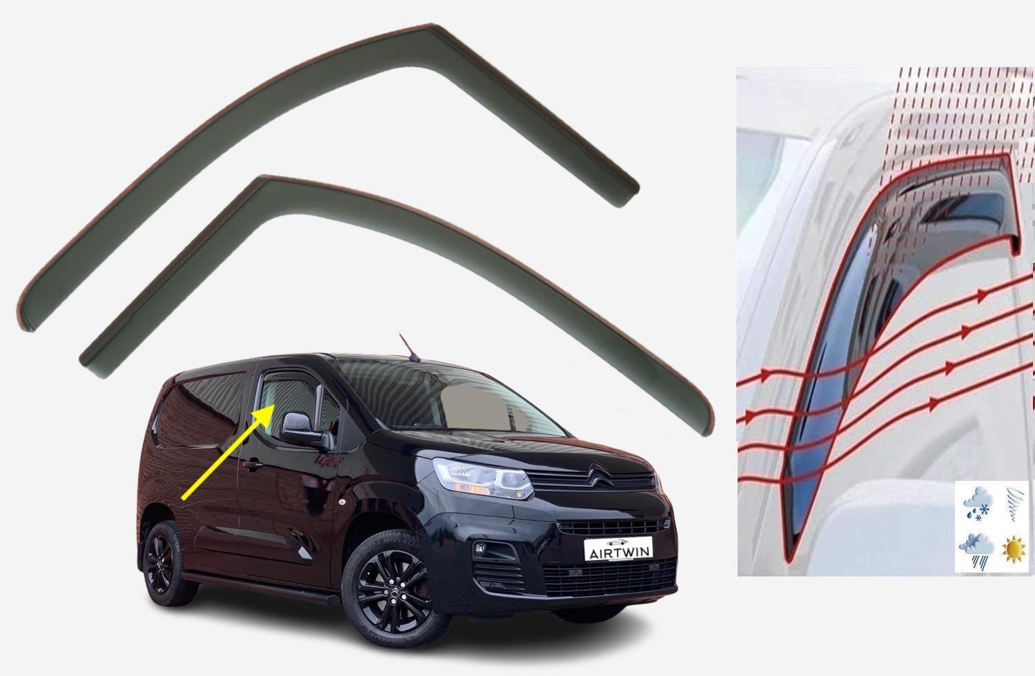 Set Of 2 Wind Deflectors IN-CHANNEL Type Compatible with PEUGEOT PARTNER/RIFTER, VAUXHALL COMBO, COMBO LIFE, Toyota Proace City, CITROEN BERLINGO 2018 to 2024 Models Side Visors Window Deflectors
