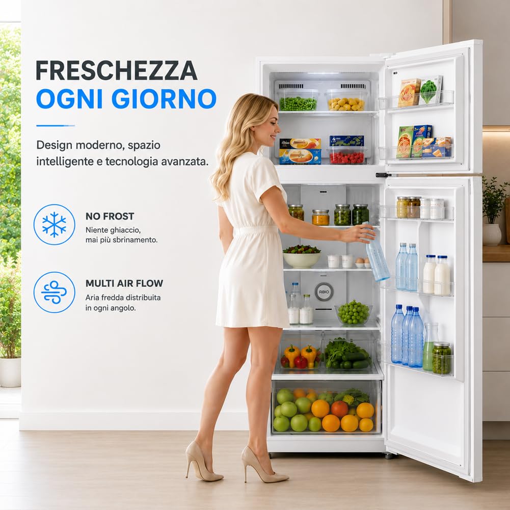 BAKAJI Frigorifero Bianco Capacità 413 Litri con Congelatore e Doppia Porta, Frigo Libera Installazione con Tecnologia No Frost e Multi Air Flow, Bassa Rumorosità, 70 x 67 x 172.3 cm (Bianco)