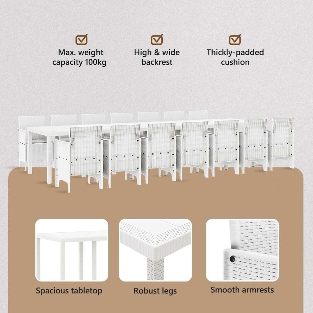 vidaXL Set da Pranzo da Giardino con Cuscini 15 PCS Bianco PP, Set da Pranzo per familiari all'aperto, Rettangolare, arredo Moderno, Chic per Feste in Giardino
