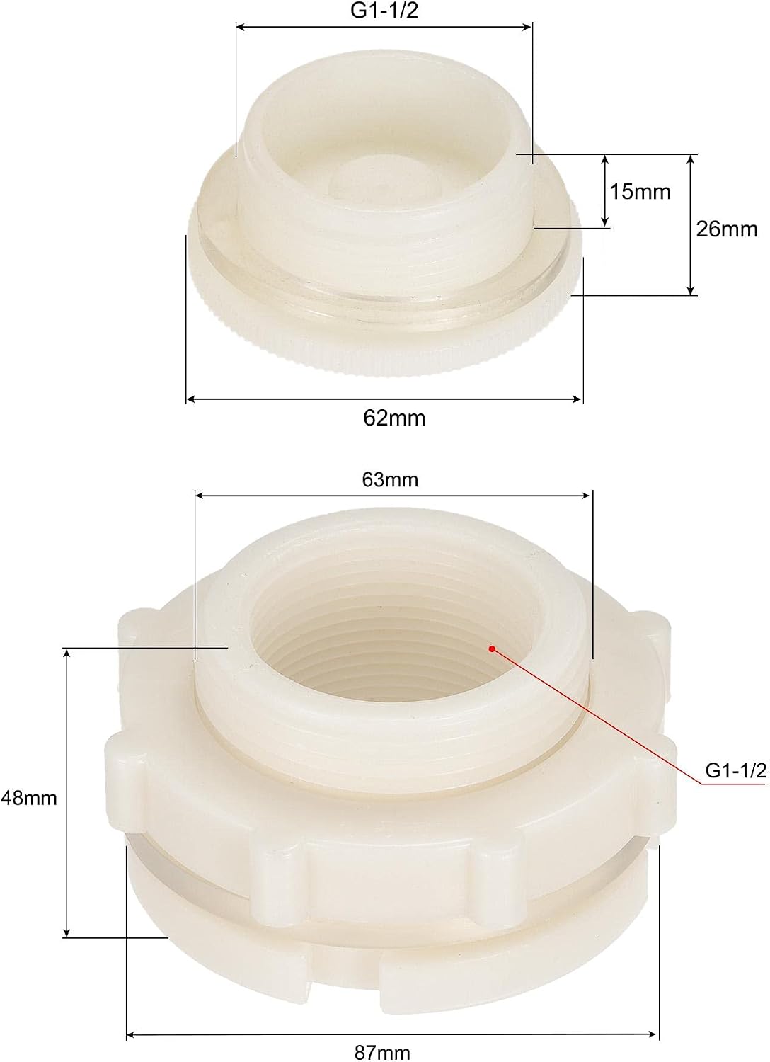 sourcing map ABS Bulkhead Tank Adapter with PVC Plug Fitting G1-1/2 Thread for Rain Buckets Water Tanks 1 Set - Image 3