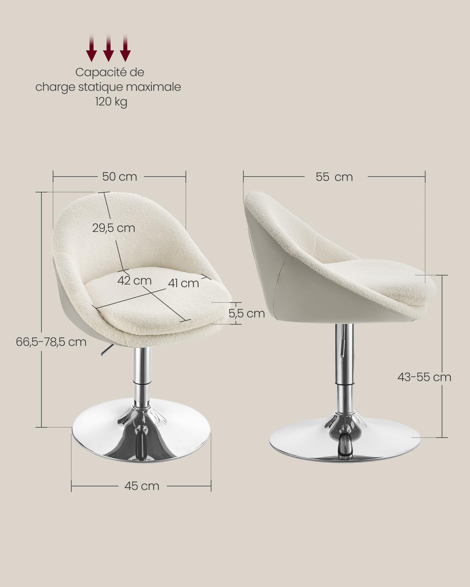 VASAGLE Chaise Réglable, Chaise de Coiffeuse, Fauteuil de Bureau Pivotant, Tabouret de Bar avec Dossier et Socle, en Acier, pour Bar, Bureau, Coiffeuse, Salle à Manger, Blanc Crème LJB100W01
