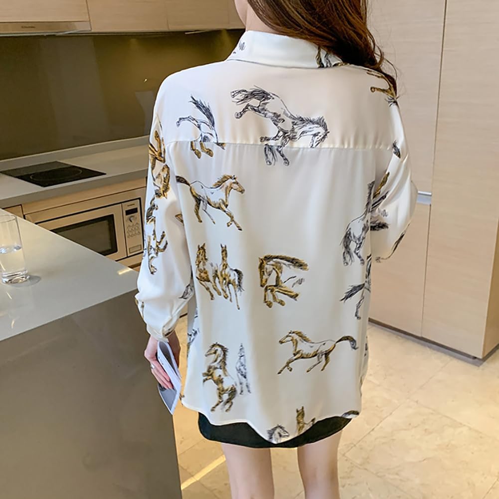 Womens Button Down V Neck Shirts Long Sleeve Casual Dressy Horse Printed Blouses Tops - Image 3