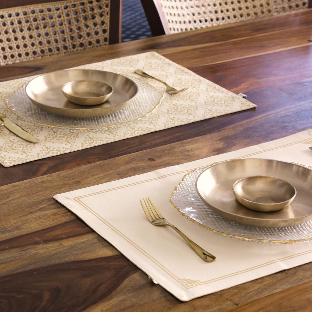 THE YARD HOUSE Placemats - Reversible & Wipeable Cotton in Golden Citrine (Set of 6). Easy-Clean, Dual-Sided Prints, and Machine Washable Table mats