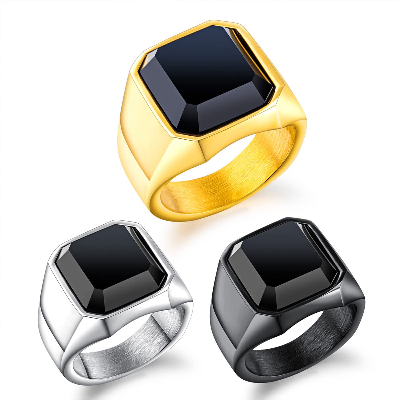 Lot De 3 Bagues Homme En Acier Inoxydable Avec Pierre Noire - Design Classique Anti-stress - Cadeau Pour Homme