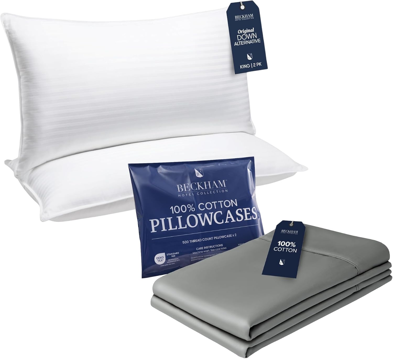 Beckham Hotel Collection King Pillows with Cotton Pillowcases Sets of 2, Soft Down Alternative Pillows, Open End Cases for Easy Changing, Dark Gray