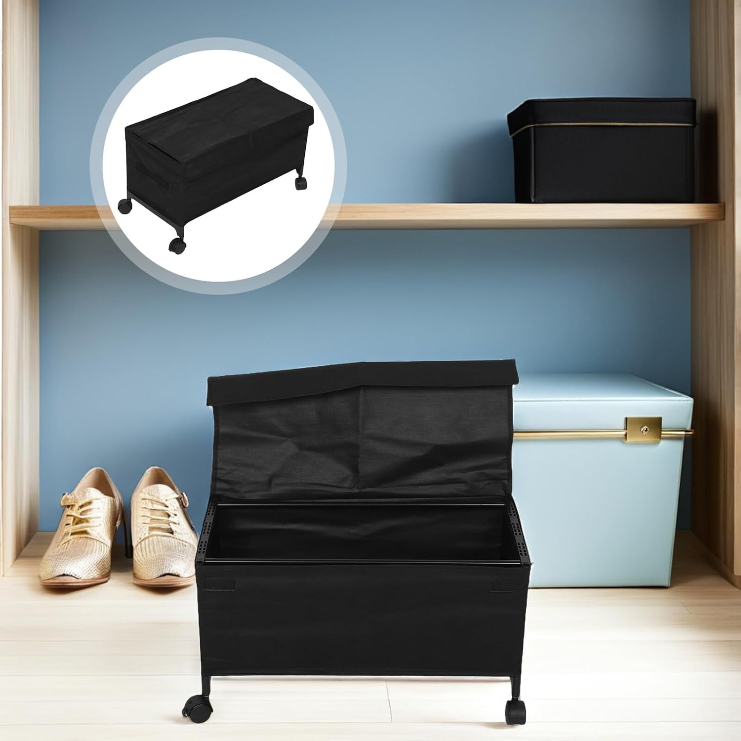 PRETYZOOM Underbed Storage Container with Wheels and Lid, 30cm High X 57cm Long Rolling Organizer Bin for Clothes and Shoes, Black Vintage Design for Bedroom and Closet Storage