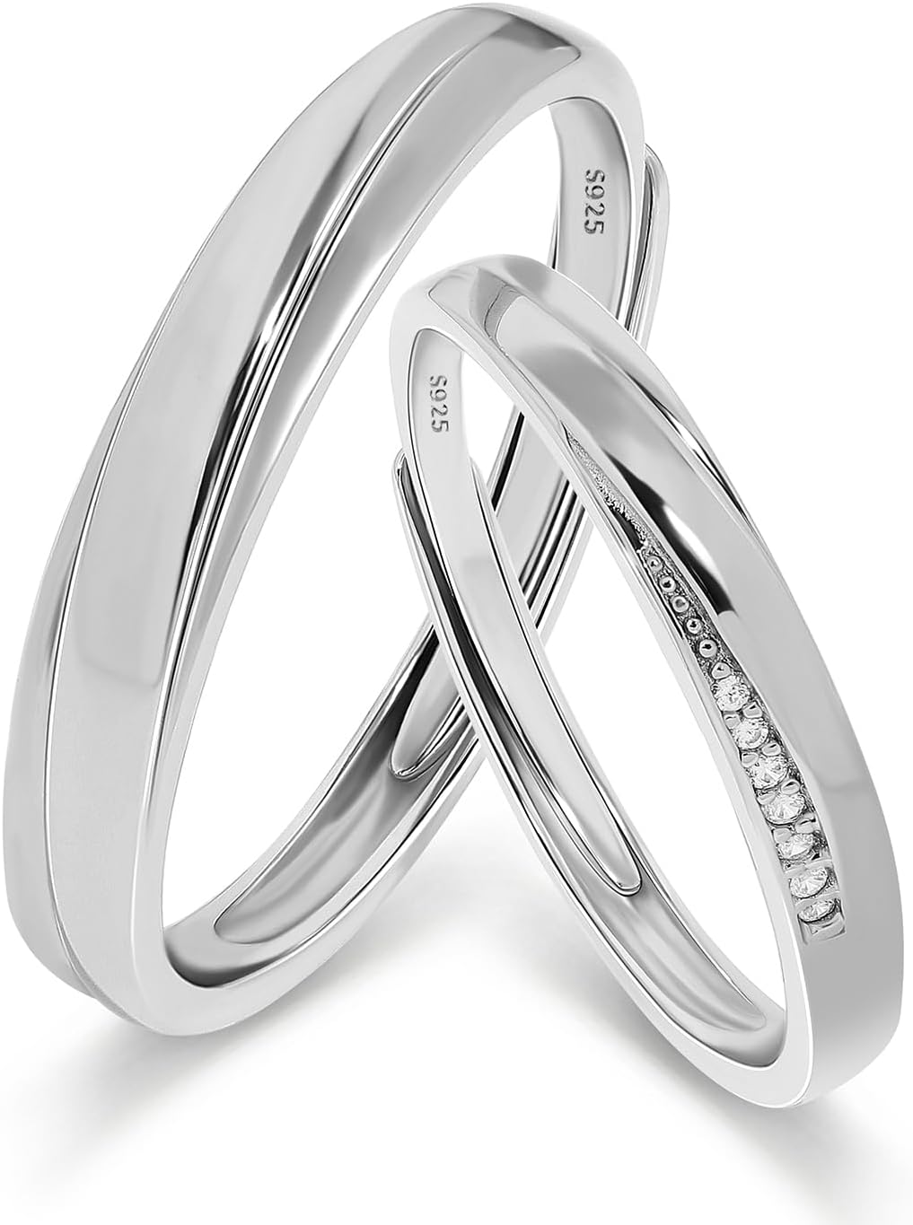 Meissa 2 Pcs Couple Rings for Men and Women 925 Sterling Silver Wide Wedding Bands Size Adjustable Promise Ring Matching Couple Rings Size 4-12