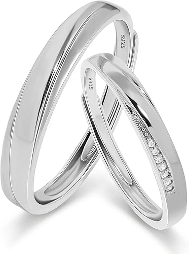 Meissa 2 anillos de pareja para hombres y mujeres de plata de ley 925, anillos de boda anchos, tamaño ajustable, anillo de promesa a juego, anillos