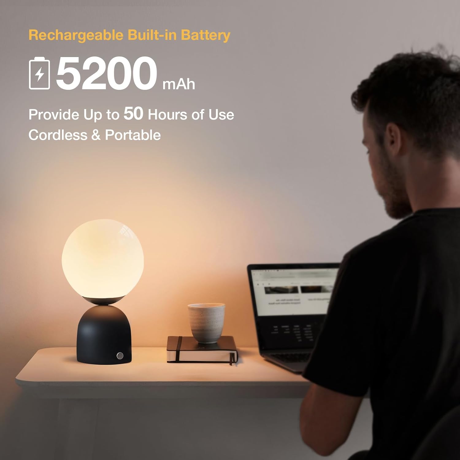 Cordless Globe Glass Table lamp Black, 5200-mAh Rechargeable Orb Lamp, 3-Level Brightness Dimmable, Integrated LED 320 Lumen Max, for Bedside Nightstand Light