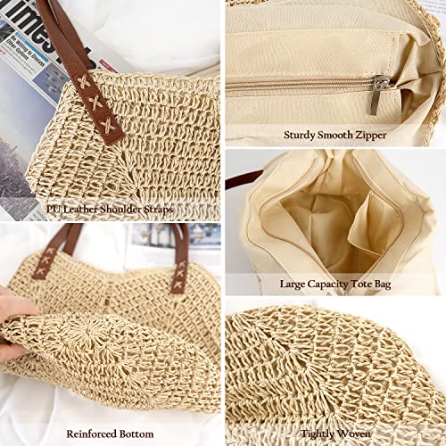 Bolso de playa grande tejido de paja para mujer con cremallera miniatura 6
