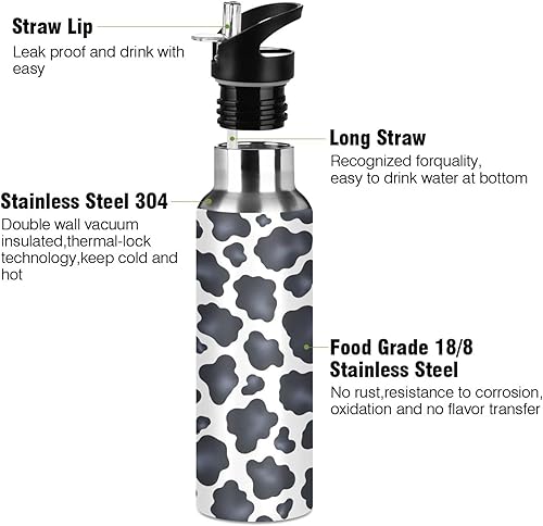 Miniatura 3 de Stainless Steel Vacuum Insulated Water Bottle 32 Oz, BPA-Free Sports Water Bottle for Gym Outdoor Travel School, Black White Cow Spots