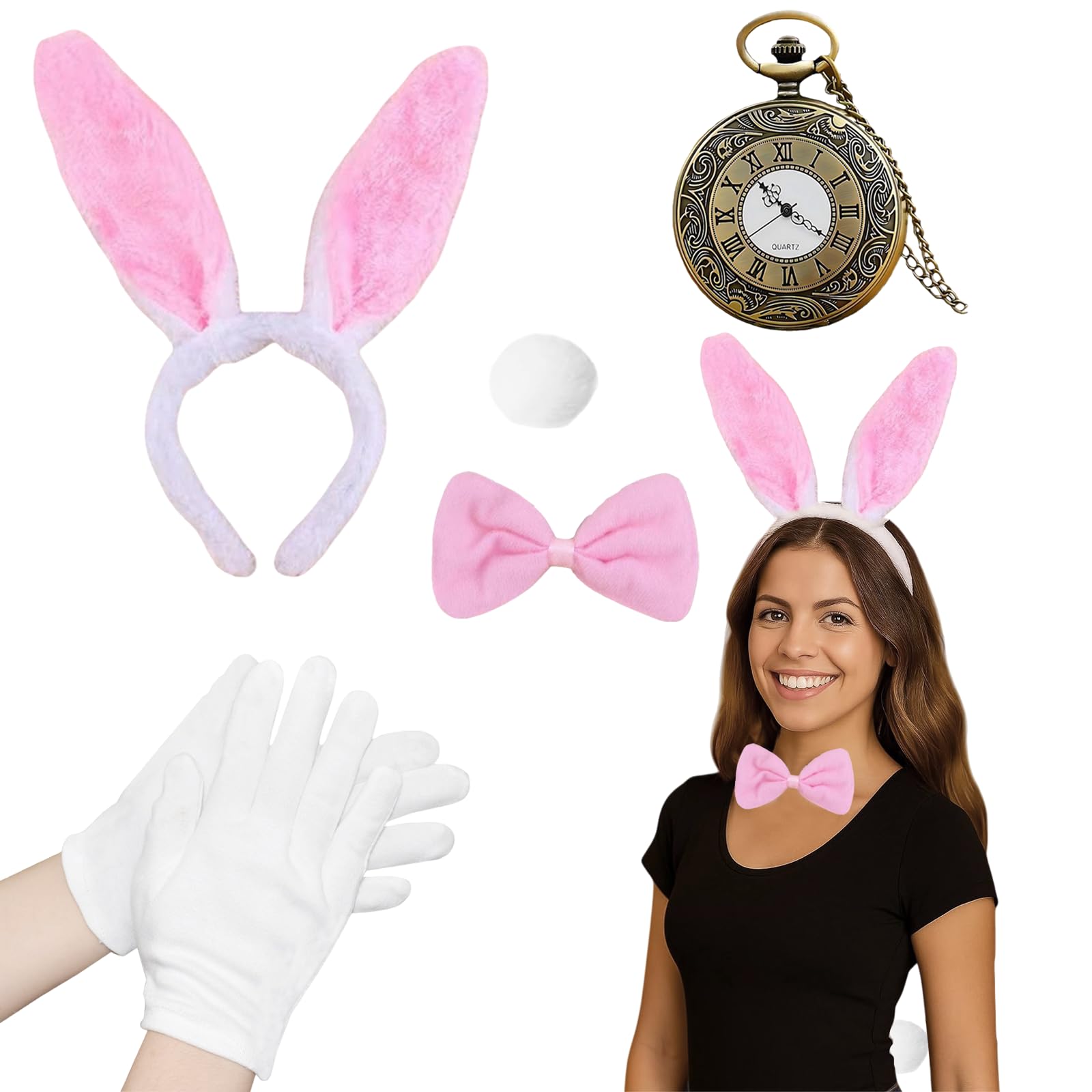 GWAWG 5 Piece Pink Rabbit Costume Set Bunny Costume Accessories Set Bunny Ears Headband Bow Tie Gloves Rabbit Tail Clock for Carnival Easter World Book Day Halloween Party