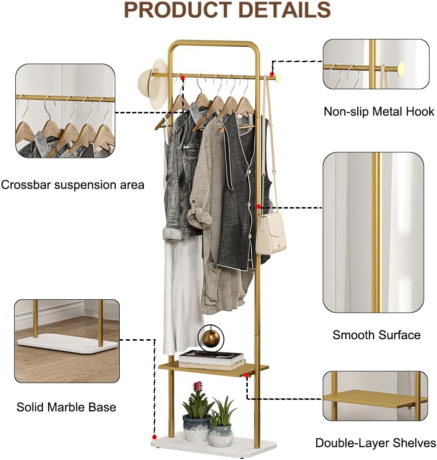 KaKaBB Gold Clothing Rack, Freestanding Coat Rack with Metal Shelves and Natural Marble Base, Small Clothes Stand Organizer for Bedroom, Entryway, Apartment (Gold, 19.7")