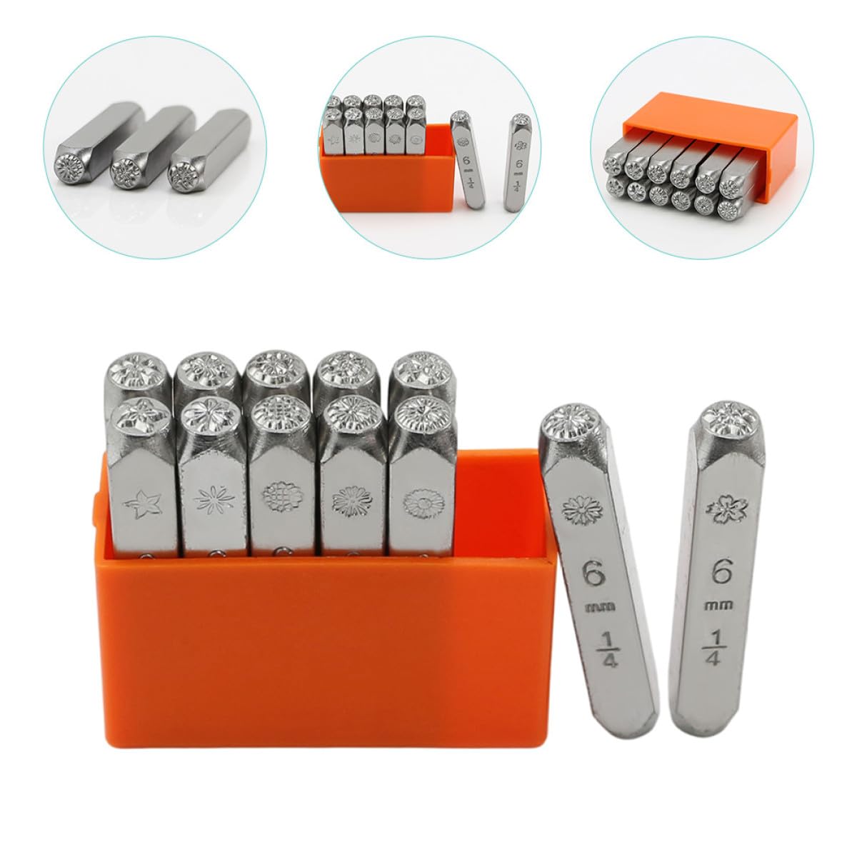 Healvian Kit D'estampage en Acier 12 Pièces Tampons Métalliques à Motif Floral pour DIY et Loisirs Créatifs, Outil pour Tampons à Sculpter Le Cuir en Acier Solide