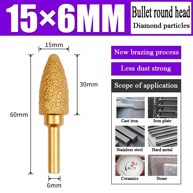 MiJunHD Diamond Brazed Grinding Head 15mm Round Type,6mm Round Handle Coarse Grit Polish Burr Drill Bit for Wood Stone Carving Metal Sanding - Image 2
