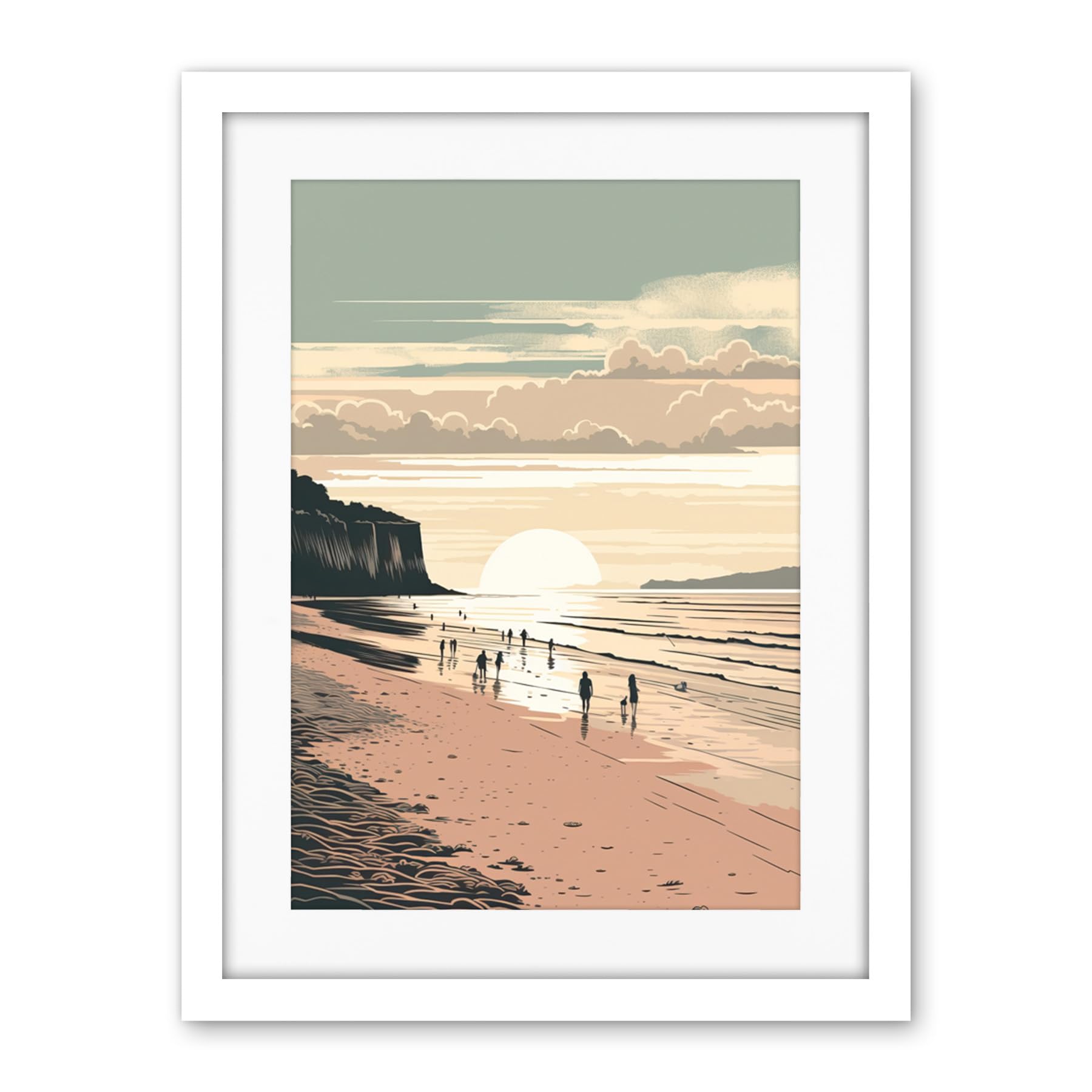 Artery8 Dog Walks on the Beach Sunset Coastal Landscape Artwork Framed Wall Art Print 18X24 Inch