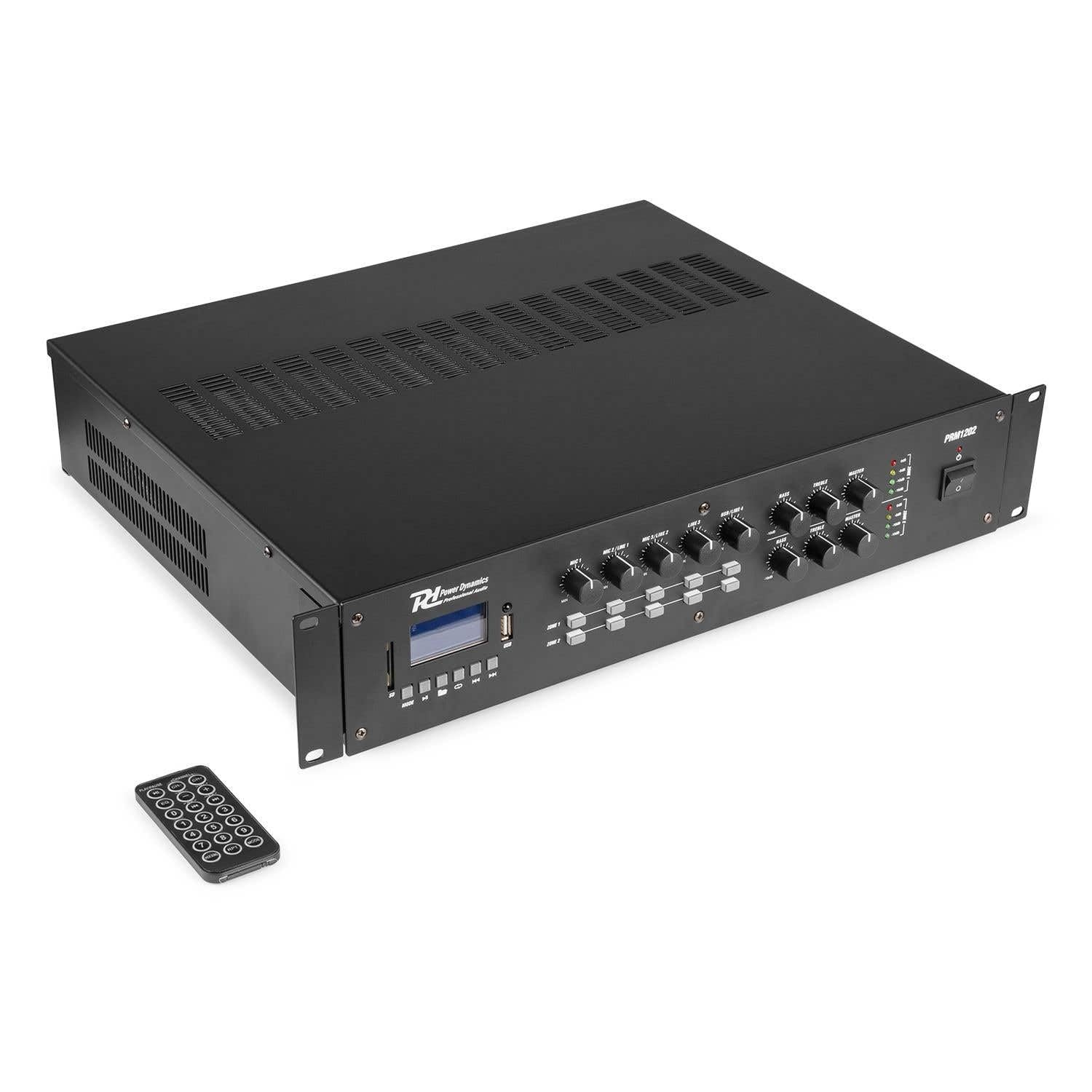 Power Dynamics PRM1202 Amplificateur 2 Zones 100V 2X 120W - Noir, USB/SD/MP3, Amplificateur Bluetooth, Lecteur MP3, Entrée Microphone, Idéale pour Sonoriser Une Pièce ou Passer des Annonces