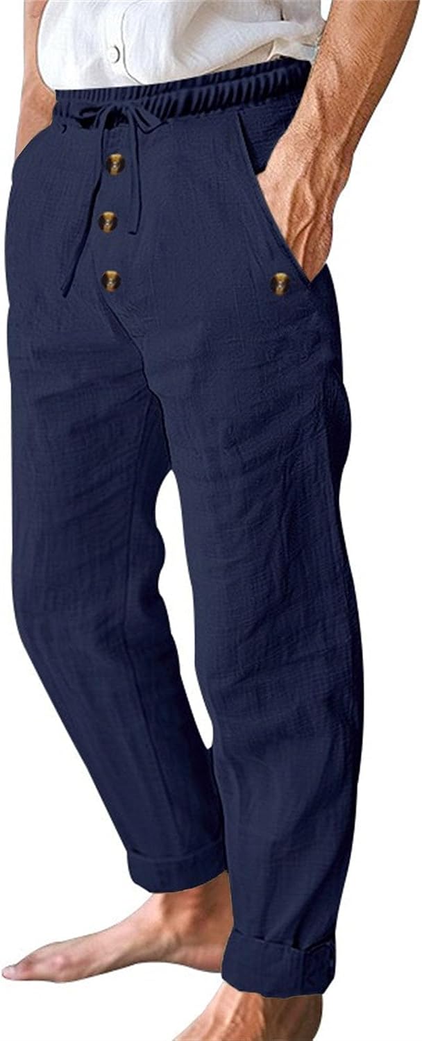Men Cotton Blend Seacoast Work Trouser Lightweight Drawstring Loose Casual Pants Fall Elastic Waist Cozy Beach Pants