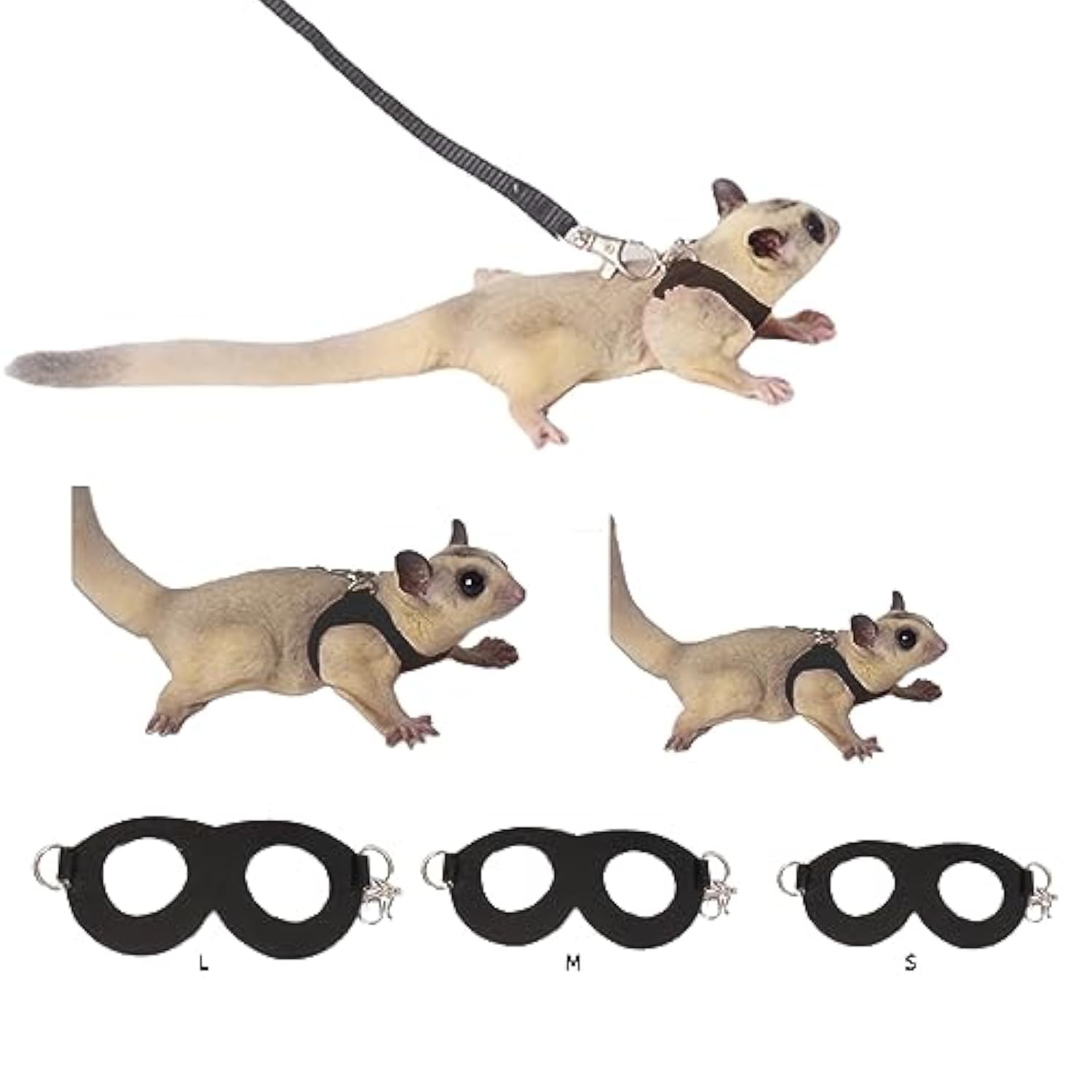 MANON ROSA Sugar Glider Harness & Leash Set - Escape-Proof 3-Piece Adjustable Vest for Squirrels Rats Mice Mouse & Small Animals - Hamster Gerbil Walking Gear, Pet Toy Accessories, Black