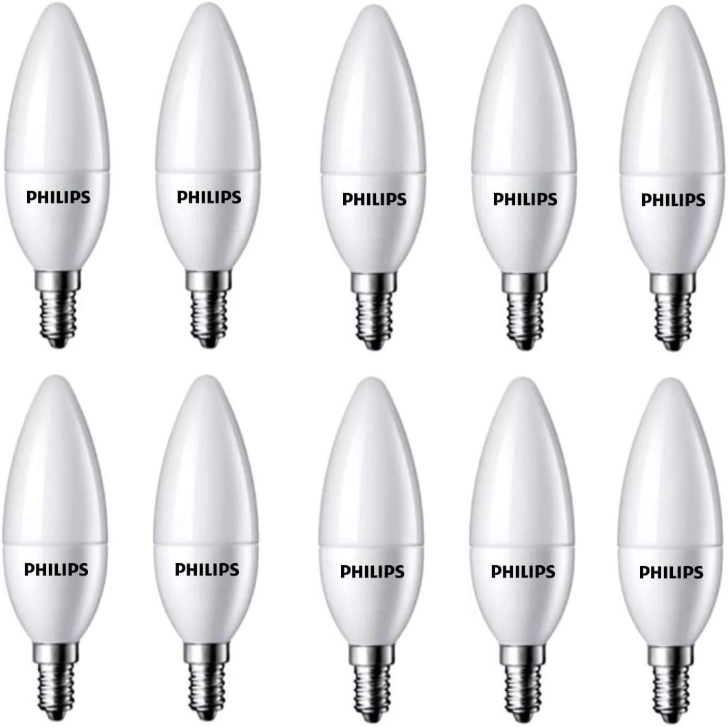 Philips 4-Watt 400-lumen Frosted Candle E14 Base (Warm White, Pack of 10) - Decorative, Ambience for Chandeliers, Wall lights, Desk lamps, Floor lamps