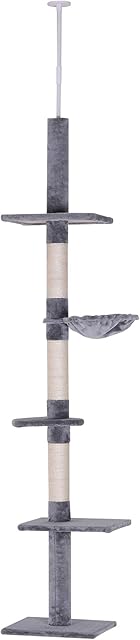 Pawhut Floor to Ceiling Cat Tree for Indoor Cats 5-Tier Kitty Tower Climbing Activity Center Scratching Post Adjustable Height 230-260cm Grey
