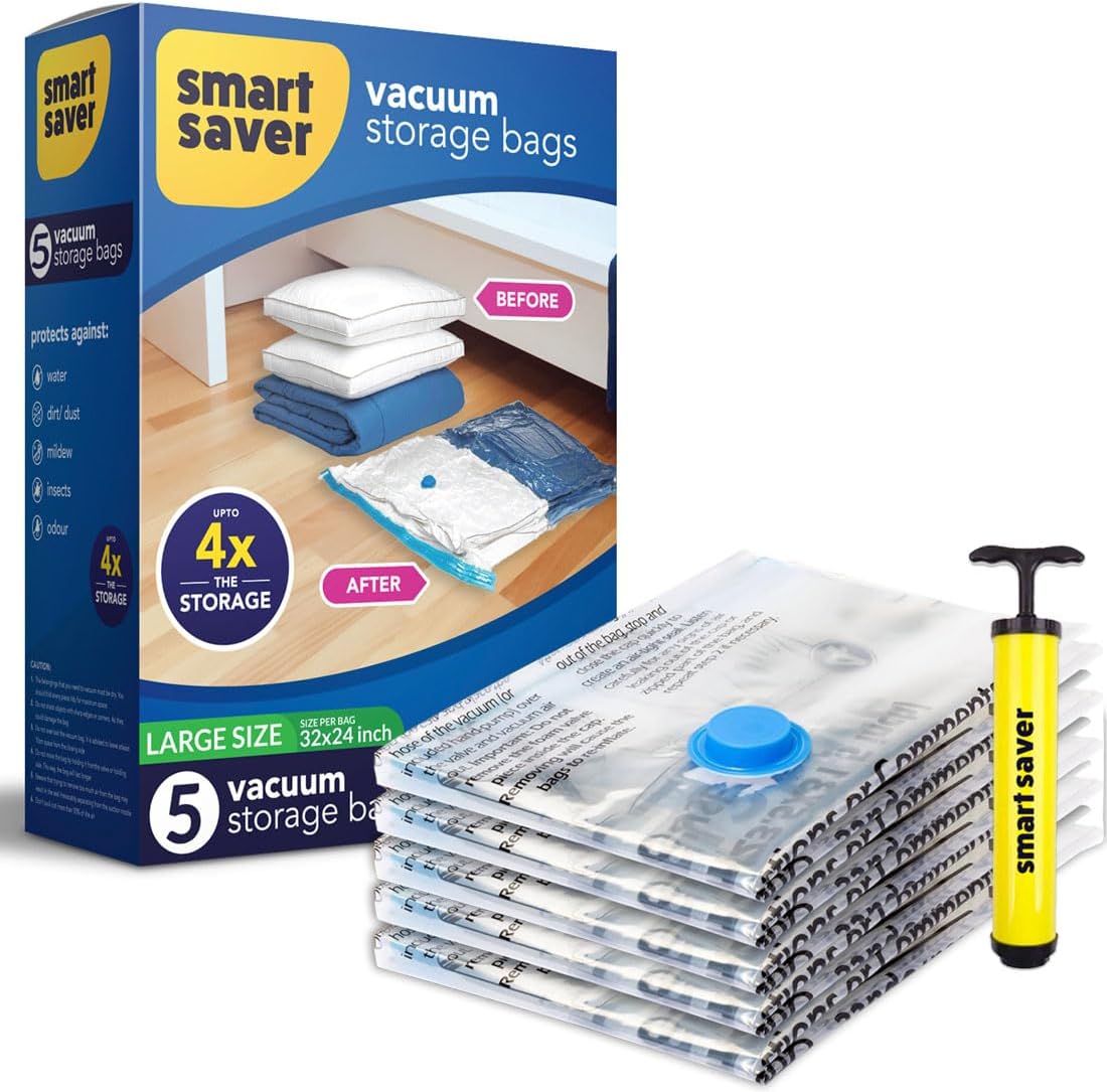 5 Large Smart Saver Vacuum bags for clothes with pump for Clothes, Packing, Blankets, Space Saver Vaccum Compression Zipper Storage Bags With Hand Pump, Airtight Reusable Packing Bags for travel