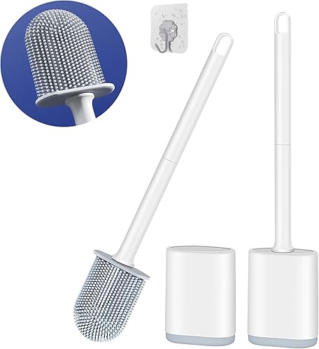 Juego de cepillo y soporte de inodoro de limpieza eficiente para baño, diseño flexible montado en la pared con mango largo y cerdas de silicona, sin disponible en Yaxa Venezuela