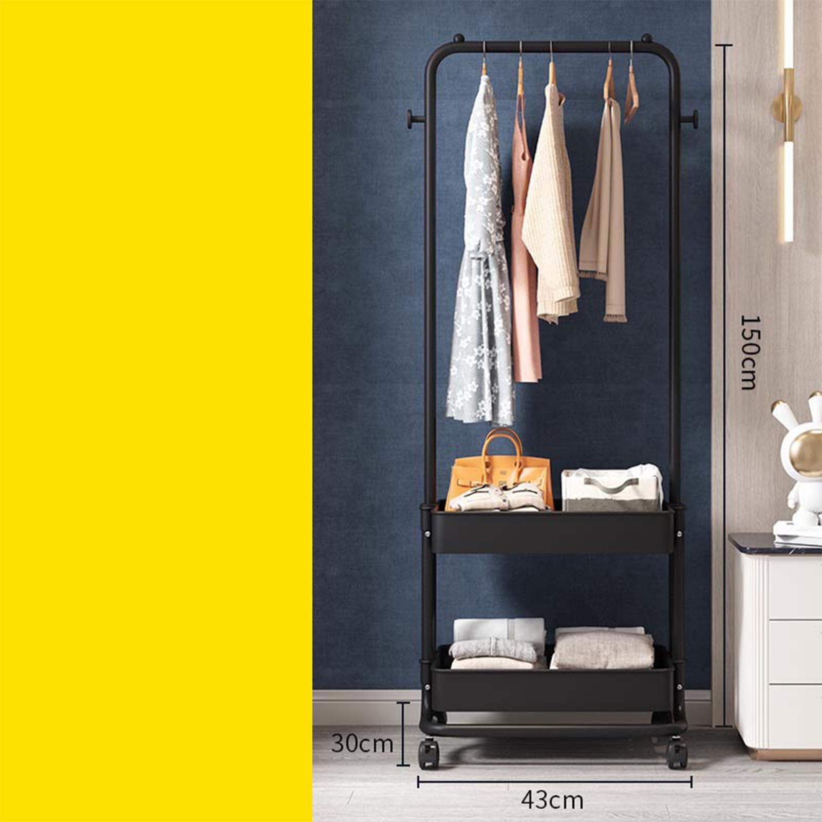Carrello per lavanderia con ruote, spazioso organizer per vestiti con ripiano a due livelli per appartamenti, camere da letto e dormitori, appendiabiti su ruote, vestiti, cappotti