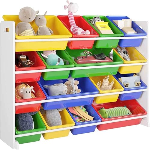 Miniatura 4 de MENGK Organizador de almacenamiento de juguetes de madera para niños con 16 contenedores de plástico, XL, verde, azul, rojo, amarillo