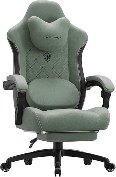 Dowinx Gaming Chair with Heated Massage Lumbar Support,Big and Tall Fabric Gaming Chairs for Adults with Footrest, Ergonomic Computer Game Chair with Poket Spring Cushions, 350lbs, Green