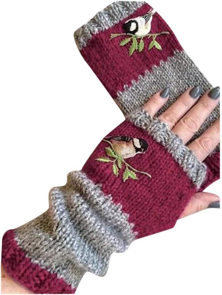 Embroidery Knitted Fingerless Gloves for Women Winter Warm Mittens for Cold Weather (Wine, One Size) : Clothing, Shoes & Jewelry