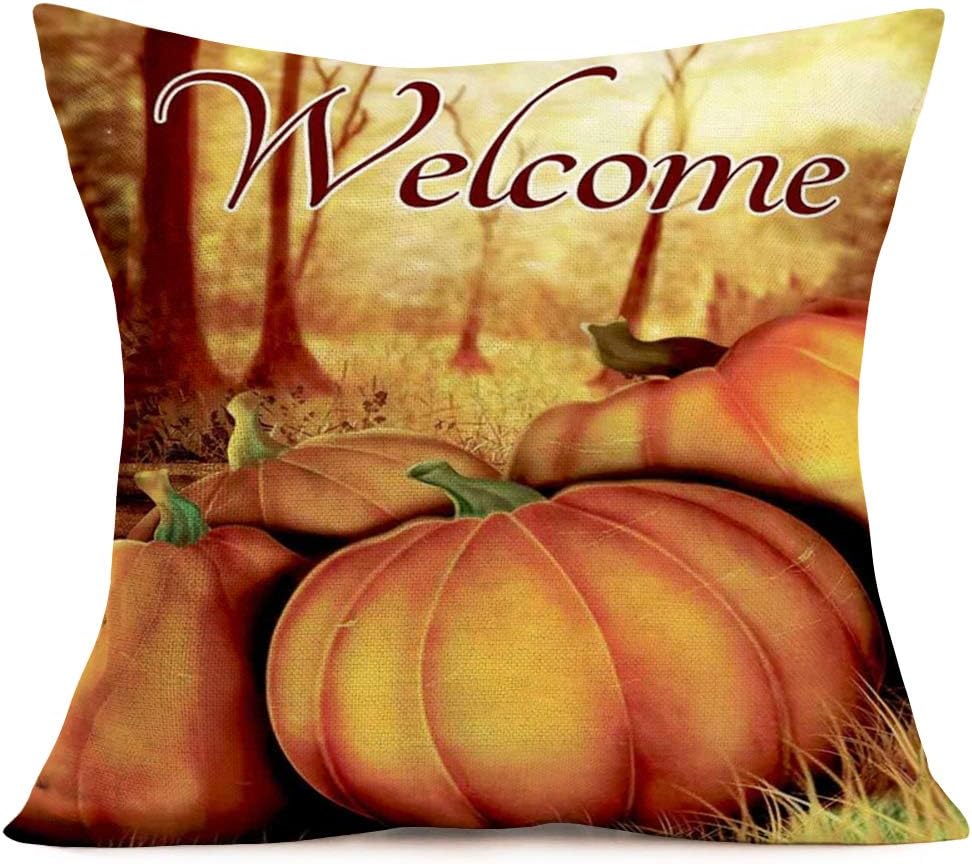 FukeenFall Harvest Pumpkins Throw Pillow Covers Farmhouse Welcome Autumn Quote with Maple Leaves Thanksgiving Cushion Case 18x18 Inch Cotton Linen Pillow Cases for Sofa Couch Porch