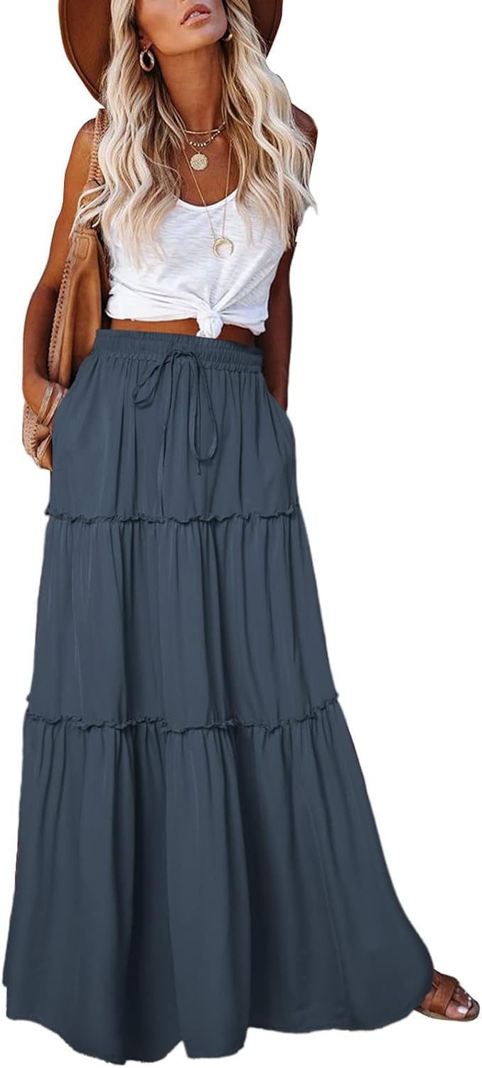 EARKOHA casual high waist paisley print long maxi skirt with pockets.