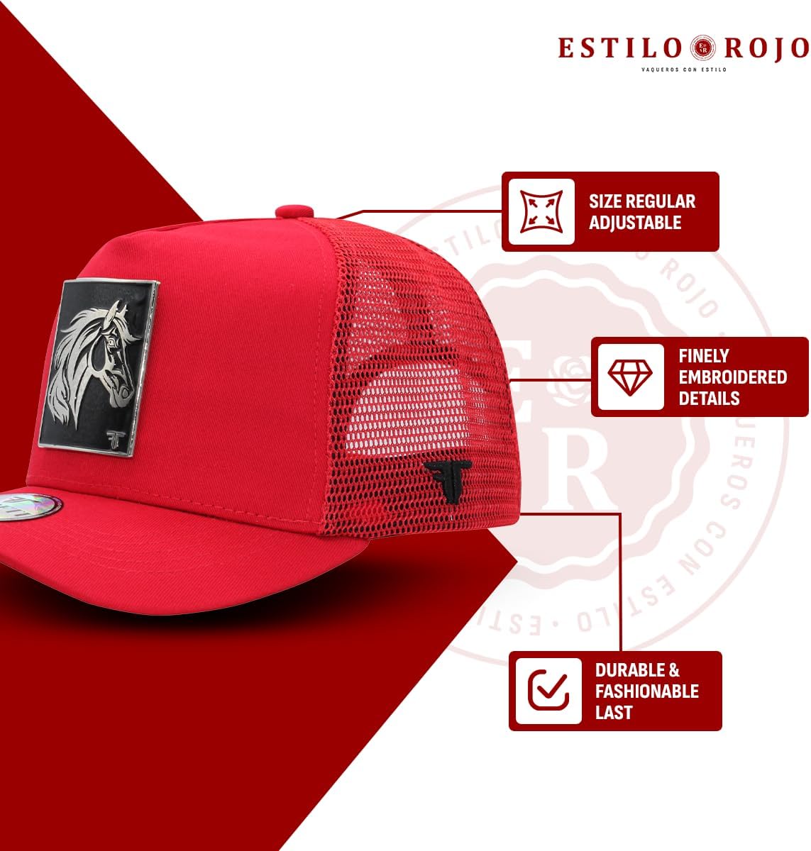 Ferreti Culiacan The Horse Hat - FT90-RED - Premium Red Trucker Hats for Men and Women, Ball Caps for Men for Any Occasion, Gorra para Hombre Ajustable, Red Snapback Cap - Adjustable Size